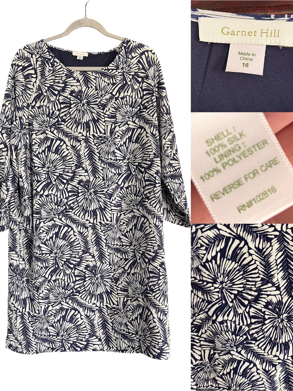 Garnet Hill 100% Silk Shift Dress Blue White size 16